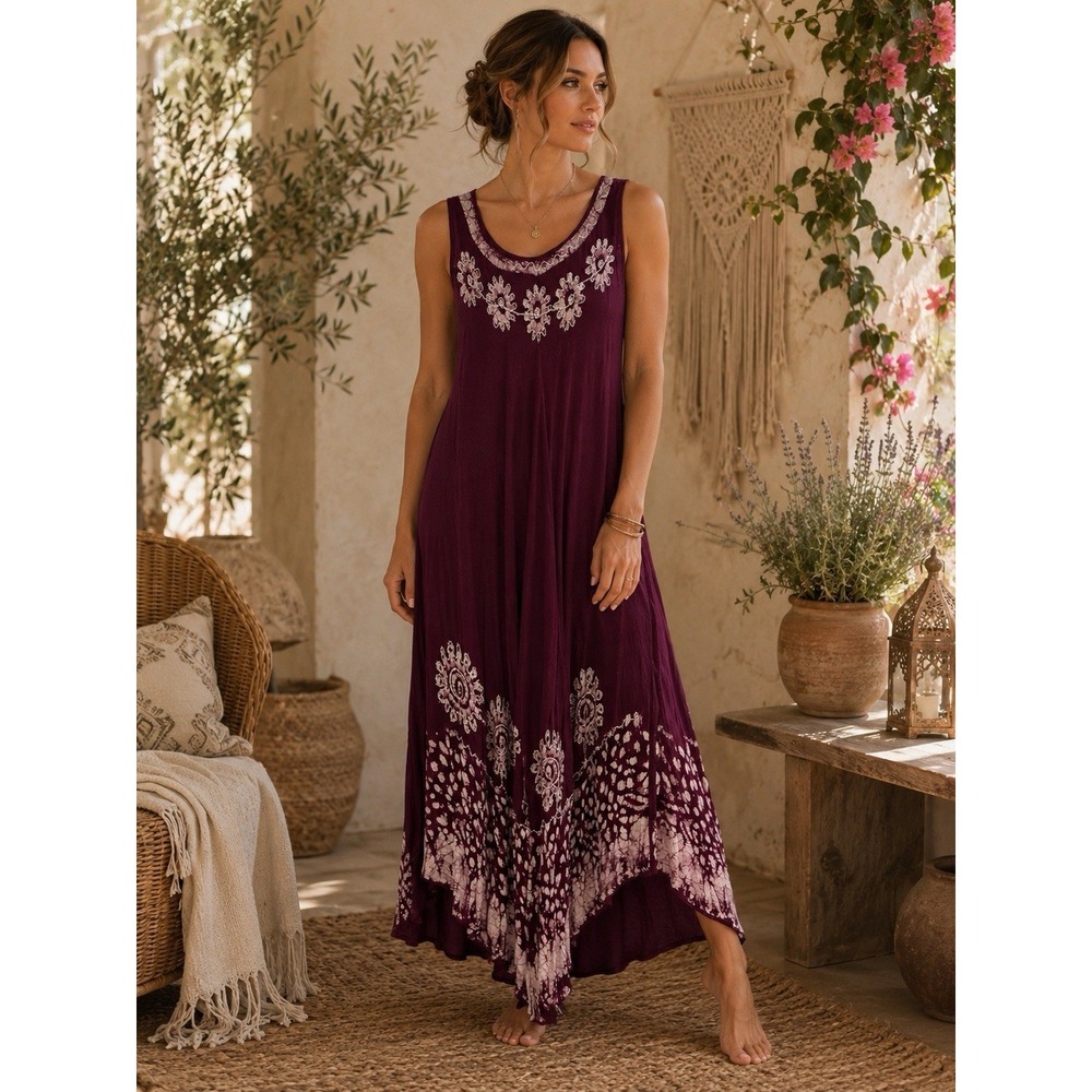 Cute Options Maxi Dress Womens Free Size Burgundy Floral Batik Sleeveless Boho